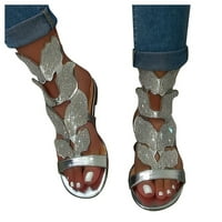 Ženske dame modne ležerne otvorene nožne rinestone sandale s niskim potpeticama Silver 7.5