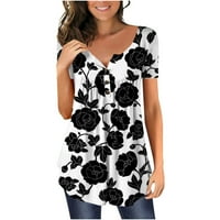 Ženske modne košulje kratkih rukava Dugme V-izrez T-majica Pleat Flowy Tunic Bluuses Boho cvjetni print