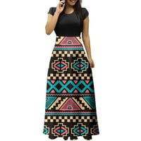 Ženski modni povremeni etnički print okrugli vrat kratkih rukava duge haljine velike veličine