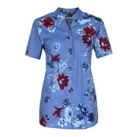 Ženski vrhovi casual cvjetne pamučne posteljine vrhovi majica sa slobodnim dijelom kratkih rukava Henley trendy t majice plavi 3xl