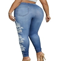 Prednjeg trešanje visokih lažnih jean pantalona za žene plus veličine pant imitacija traper pantalona Skinny Stretch struk Jeggings Blue XL