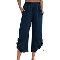 Qiaocaity womans Ljetne hlače Pamučne posteljine labave solidne hlače nacrtavaju kotled pantalone sa džepovima plave boje