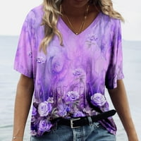 TOBCHONP Ljetna majica za žene Cvjetni tisak za žene Ležerne prilike Moda Ženska odjeća Dark Purple XXXL