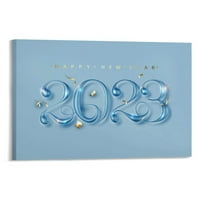 Sretna nova godina tiskana na plavoj pozadini platneni ukras zidnog umjetničkog dekora, vodoravna verzija