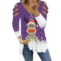 Košulje za žene Tunic vrhovi božićni jelen Ispis Pleated V izrez patentni zatvarač dugih rukava Bluza