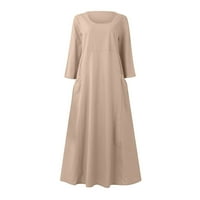 Plus veličina haljina ženska modna boja dugih rukava pamučna posteljina okrugla vrat džepna haljina