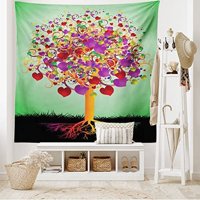 Drvo ličnog tapiserija, šarene čarobne ljubavne stablo cvjeta srce i okruglo lišće i korijeni životna