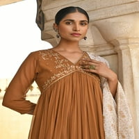 Janasya indijski ženski smeđi Georgette cvjetni vez kurta sa Palazzo i Dupattom