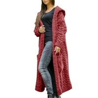 Ženska ležerna zimska čvrsta pletena kapuljača dugi kardigan džemper džepni kaput ženski kardigan vrući ružičasti xxxxxl
