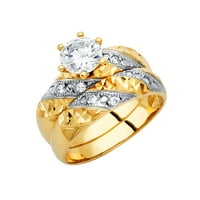 Čvrsta 14K žuta zlatna kubična cirkonija CZ svadbeni opseg i angažman mladenkini prsten Dvije postavljene