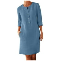 Haljina za žene, ženska modna casual puni gumb džep dugih rukava majica s dugim rukavima plava m