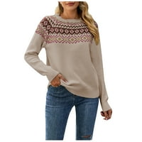 Ženska džemper za čišćenje žena modna casual retro boja kontrastni ispis pletenja dugih rukava okrugli džemperi na vratu Rollbacs Khaki 10
