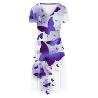 Ljetna haljina za čišćenje ženskog tiska s kratkim rukavima V-izrez dugačka haljina ljubičasta