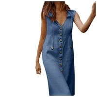 Ženske haljine bez rukava puna ležerna dužina gležnja A-line V-izrez ljetna haljina plave s