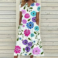 Ganfancp Womens Ljetne haljine modne casual haljine s kratkim rukavima tiskanje V-izrez džep na plaži za odmor na plaži, ljubičasti xl # pet dolara predmeta