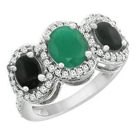 10k bijelo zlato prirodni smaragd i crni ony 3-kameni prsten ovalni dijamantski akcent, veličine 6