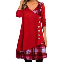 Ležerne haljine za koktel za žene FashionV-izrez Colid Plaid Patchwork Duglus Dugmes Haljina Red XL