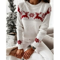 Ženske božićne pahuljice jelena pletena džemper s dugim rukavima posada iz vratnog životinja print pulover