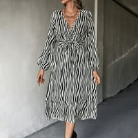 Proljetne haljine za žene Stripes Leopard Print Womans Elegant Wrap V izrez Dugi rukav Swing Midi haljina