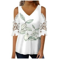 Žene ljetna casual majica s kratkim rukavima V-izrez labav fit bluza cvjetni print bijeli xl