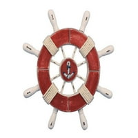 Rustikalni crveni i bijeli ukrasni brodski točak sa sidrom 9 - drveni brodovi kotač - ukras volana brodom