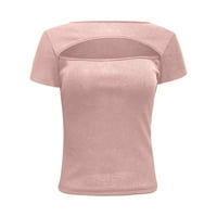 Ženska puna boja s kratkim rukavima na vrhu Crewneck Seksi majice Ljeto Slim Fit izdubljeni majice ružičasta
