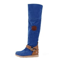 Ženske koljena High Boots - Okrugli nožni čizme Ležerne kaiševe kopče Niske pete Ravne čizme Plava 43
