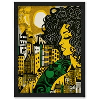 Žena i Edinburgh Cityscape Yellow Green Linocut Artwal Rad uokviren Wall Art Print A4