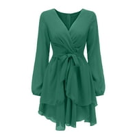 Tropske haljine za žene s dugim rukavima V-izrez ruffled haljina zelena l
