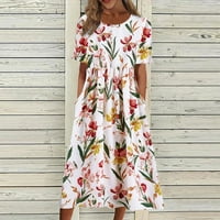Ljetne haljine za žene kratki rukav A-line Dužina gležnja, labavi okrugli izrez otisnuta plaža Haljina
