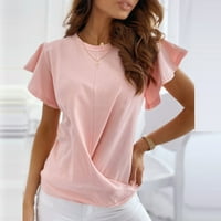 Ženska modna čvrsta boja okrugli vrat čipka kratkih rukava, majica s kratkim rukavima Top Pink L