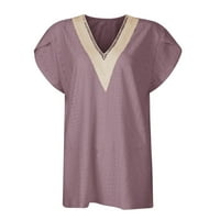 Gotyoou Ženska majica za praktičnu čipku, duboki V izrez Dno kratkih rukava, Ispiši labav tee Top Purple