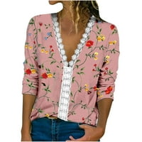 Žene cvjetne bluze rukave čipke V izrez Tees Dressy Casual Tunic Stretchy Tops Lagane mashirts ružičaste