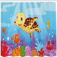 Kornjača za tuširanje, smiješni stil Podvodno more životinje kornjača i riblje uzorak, tkanina od tkanine