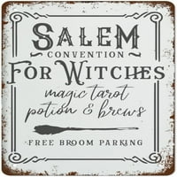 Metalni limenki znak Vintage Salem Konvencija za vještice Halloween potpisao sa vješticom Zidni dekor