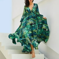 Zelene haljine za žene s dugim rukavima za tisak cvjetnih uzorka Holiday Haljina V-izrez Tanak Fit Trendy
