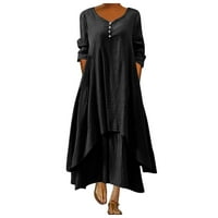 Haljine za ženske ležerne haljine od pune boje V-izrez dugih rukava nepravilna gumba duga haljina