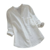 Yubnlvae majice za žene pamučna posteljina casual čvrsta majica dugih rukava bluza za bluzu dolje bijela