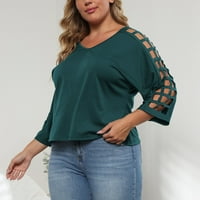 Žene Ljetne casual majice Labavi izdubljeni plus veličine V rect rukav košulje od punog boja tamno zeleno