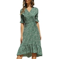 Ženska ljetna haljina zelena šifon ženska casual modna haljina cvjetna tiskana boemska haljina V izrez Elegantna haljina Linija kratka rukava casual haljina l