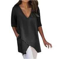 Ženske ljetne modne obrezane rukave V-izrez pamuk linija labava bluza bluza crna xl