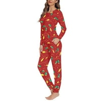 Binienty Crvena šarena noćna odjeća za žene pidžama dugih rukava scoop vrat i hlače sa džepovima ružna