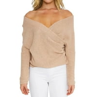 Koaiezne bluze za žene Ženski V izrez Pulover Puno boje Jesen Zimski priključak Labavi i udoban elastični džemper
