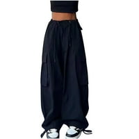 TUPHREGYOW ženske udobne teretne hlače za slobodno vrijeme u velikoj struku Vintage Solid Moda planinarske pantalone sa džepovima Nove stil prozračne vučne kockice široke noge Trendy Black XL
