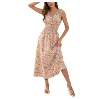 Clearsance Ljetne haljine za žene cvjetni halter a-line srednje dužine modne klupke bez rukava žuta