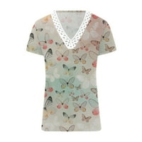 PBNBP Ljetni vrhovi za žene modna cvjetna tiskana čipka V izrez patchwork kratkih rukava majica casual