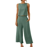 Jyeity Fashion Woman Okrugla bluza bez rukava + labavi džepovi hlače postavlja jedan skok za žene zelene