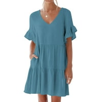 Ženska ljetna casual haljina slatka i slatka V-izrez mini haljina s džepom kratkim rukavima s rukavima