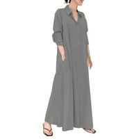 Koaiezne womne haljine Ženski casunski gumb dolje pamučna posteljina duga košulja s džepovima