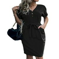 Pfysire Women V izrez košulja haljina kratki rukav čipka up džepove sandress crna 2xl